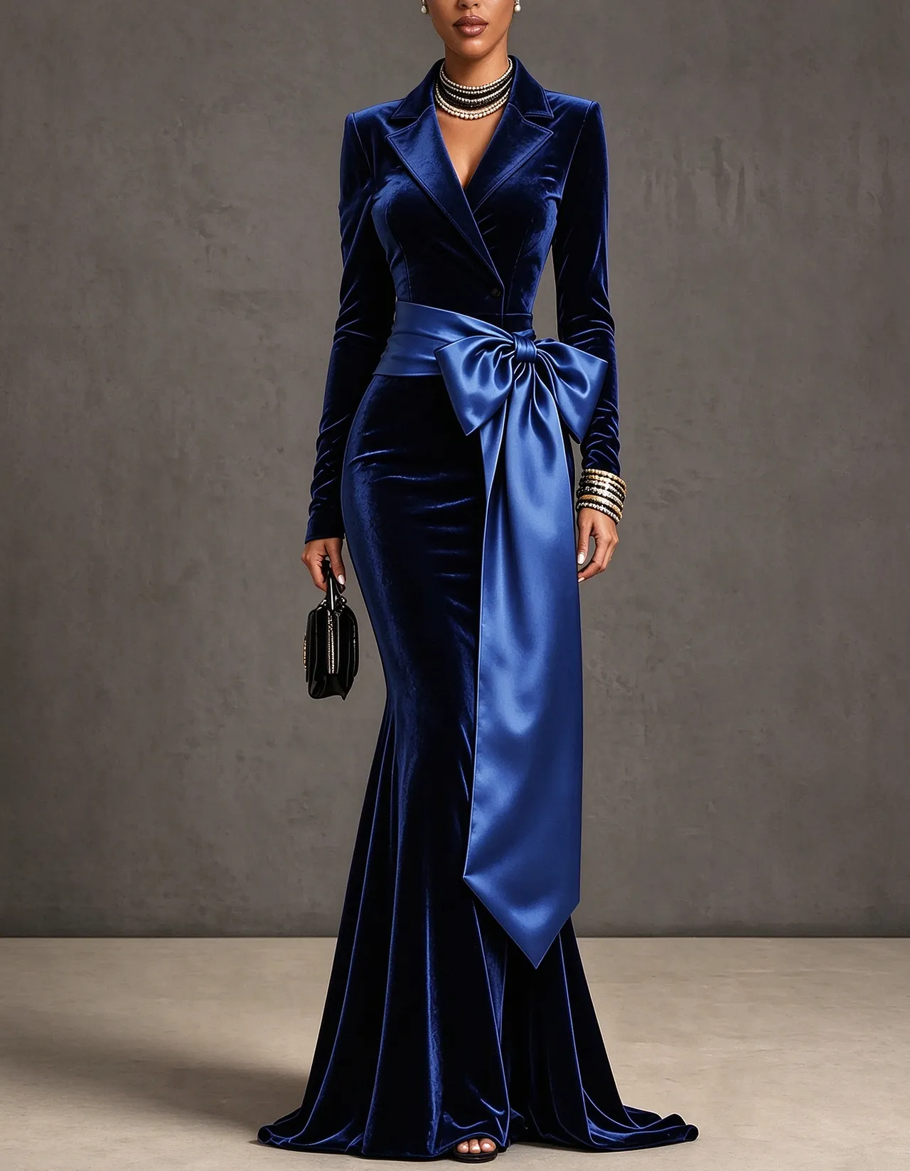 Velvet Satin Bow Waist Mermaid Maxi Dress