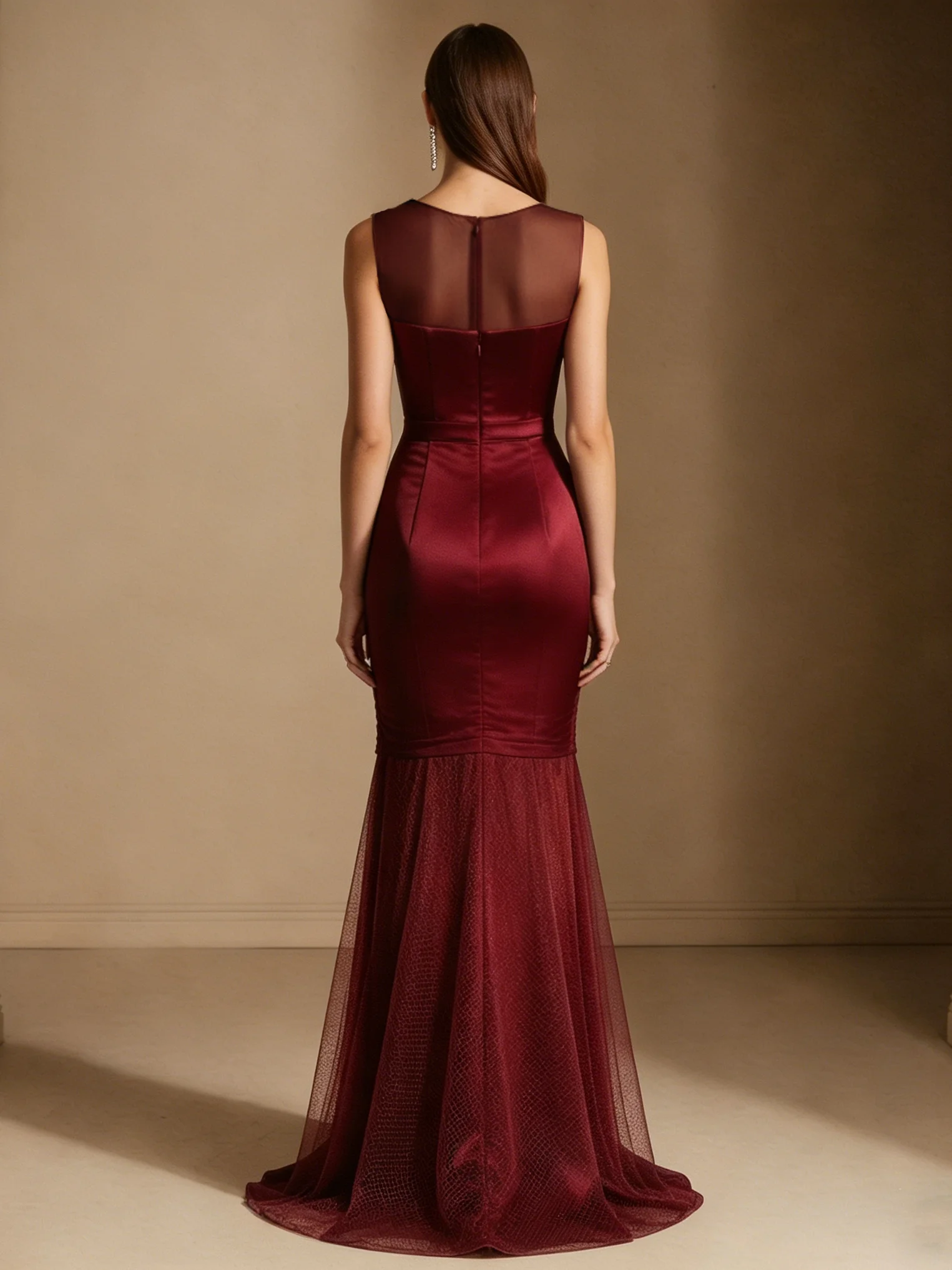 Burgundy Mesh Satin Crew Neck Sleeveless Mermaid Gown Dress