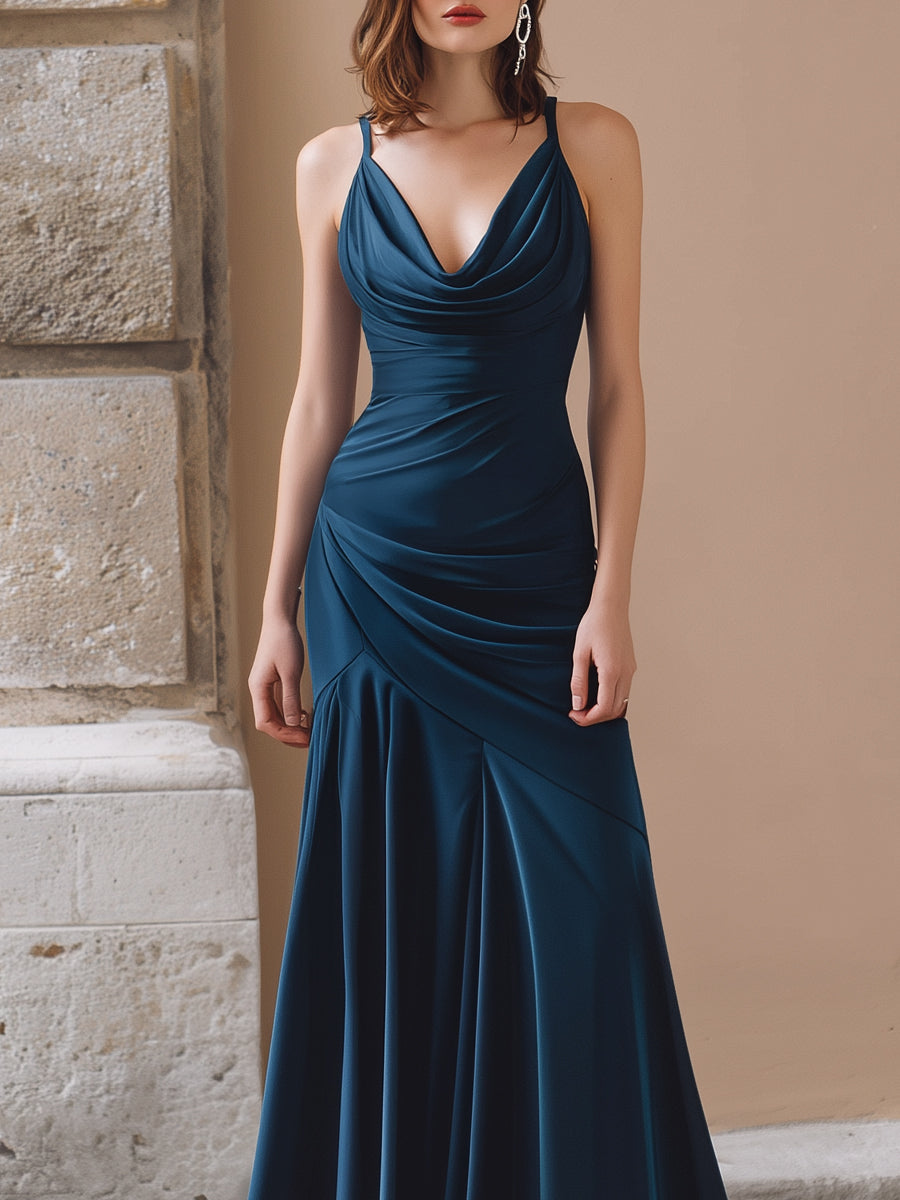 Navy Draped Cowl Neck Ruched Maxi Dress