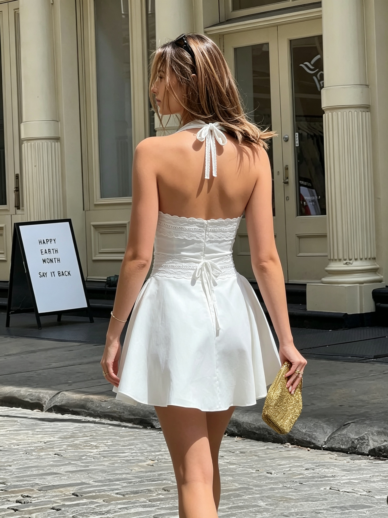 White Lace Halter Mini Dress Double Layer Lace Waist Flowy Swing Skirt