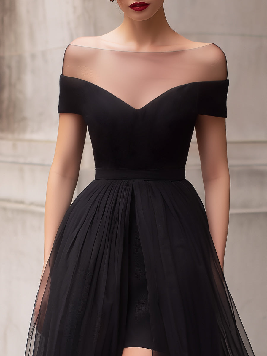Black Off-Shoulder Sheer Illusion Tulle Midi Dress