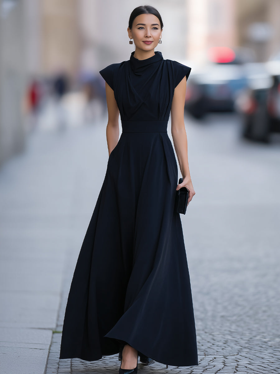 Black Draped Cap-Sleeve Maxi Dress With Defined Waist