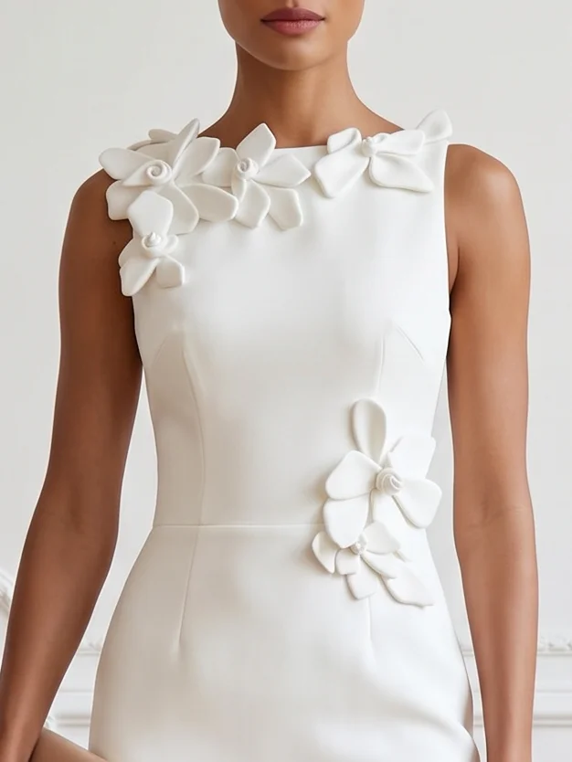 White 3D Floral Classic Crew Neck Sleeveless Sheath Midi Dress