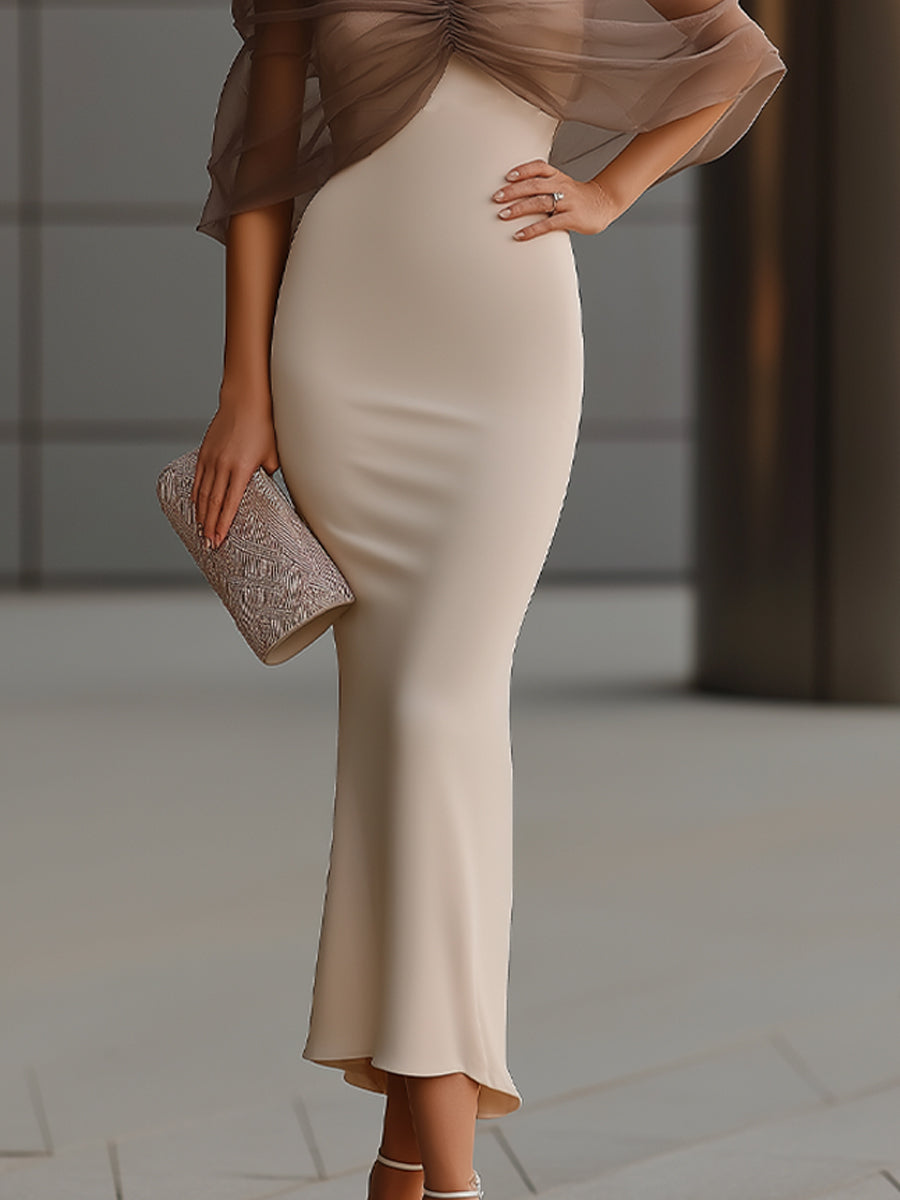 Draped Sheer Overlay Elegant Midi Dress