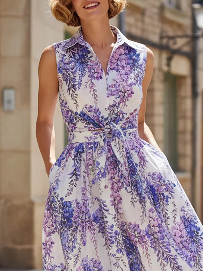 Maxi Linen Dress, Sleeveless, Shawl Collar, Floral, Vintage, Purple
