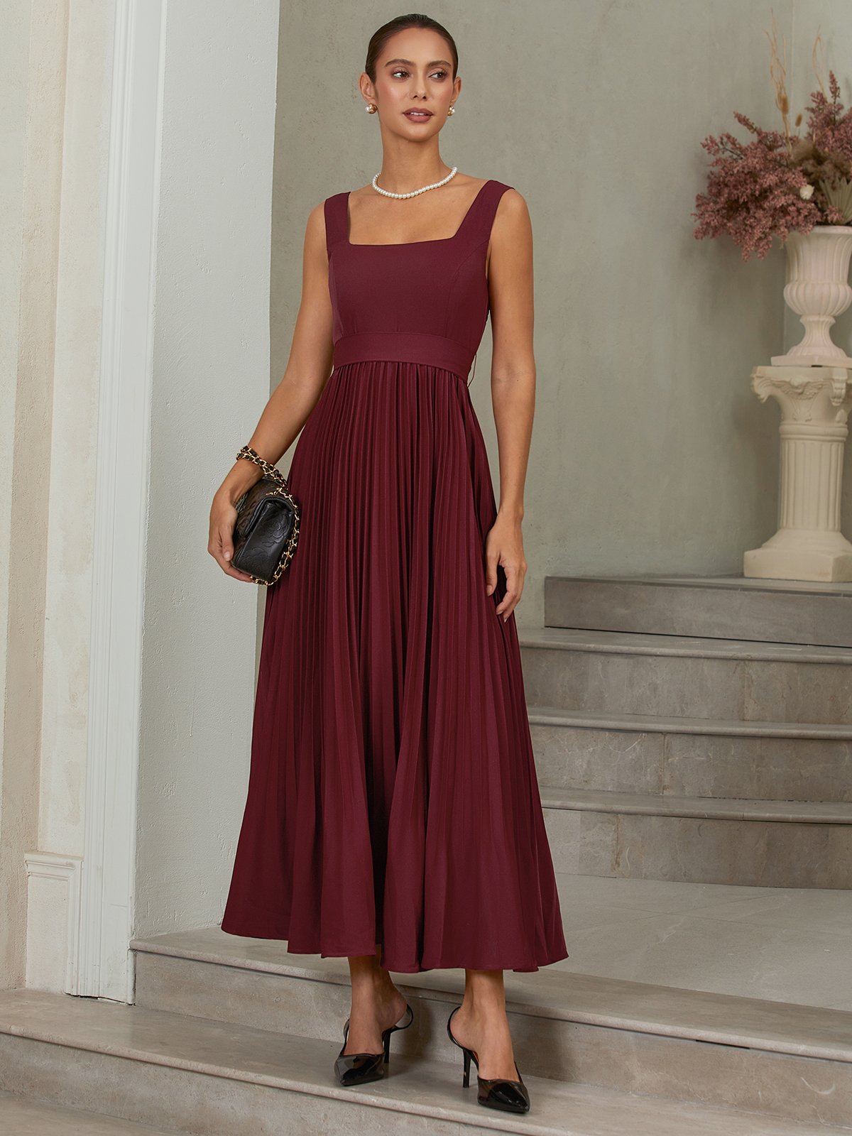 Wine Red Pleated Classic Square Neck Sleeveless A-Line Maxi Dress