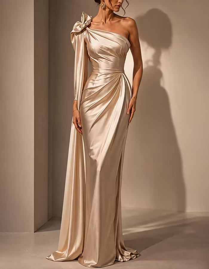 Champagne Bow One-Shoulder Ruched Satin Mermaid Maxi Dress