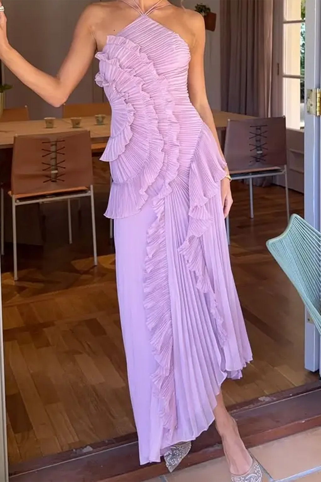 Pleated Suspender Long Dress With Slits