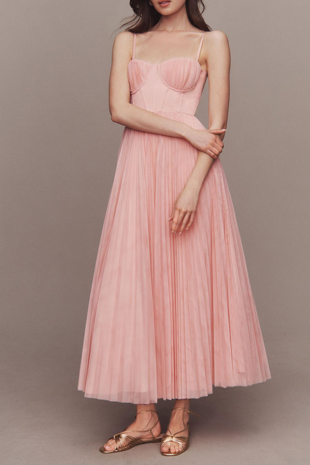 Corset Pleated Tulle Fit & Flare Midi Dress