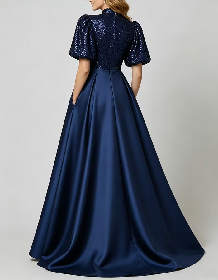 Navy Blue High‑Neck Puff Short‑Sleeve Sequin‑Bodice Satin A‑Line Maxi Dress