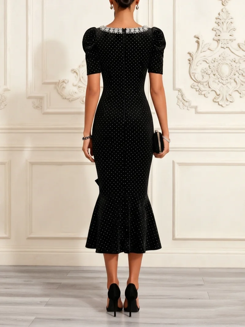 Black Hot Drilling Rhinestone Velvet Square Neck Short Sleeve Mermaid Midi Dress