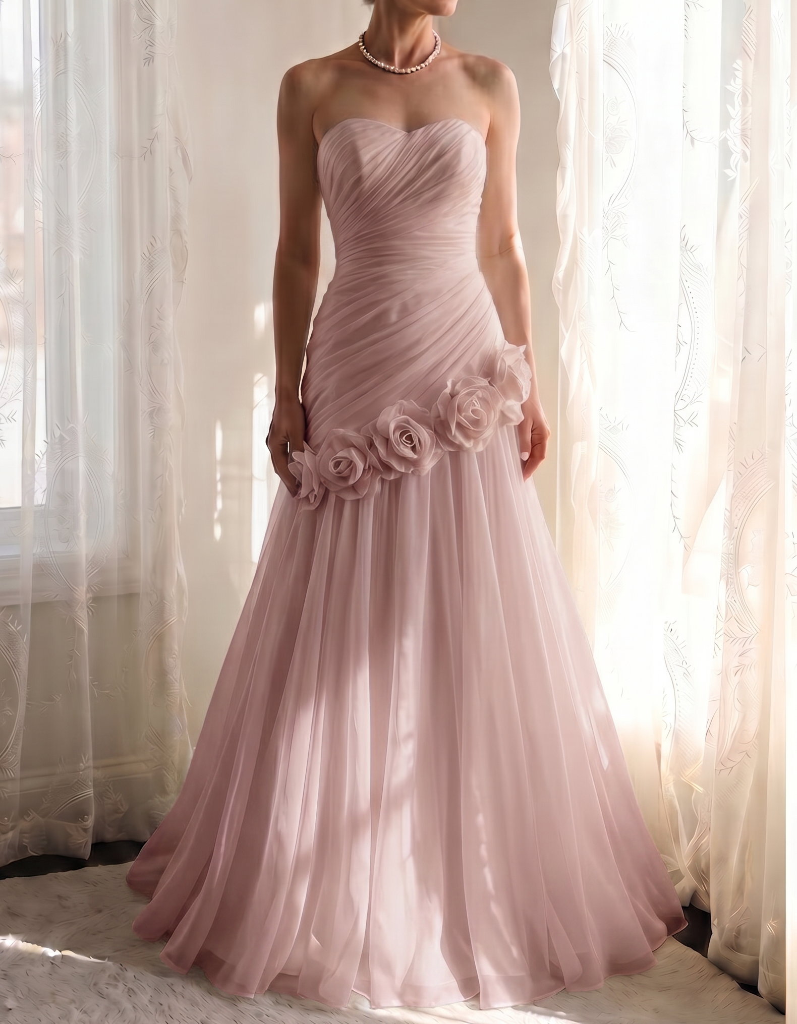 Chiffon Strapless Asymmetrical 3-Dimensional Rose Maxi Dress