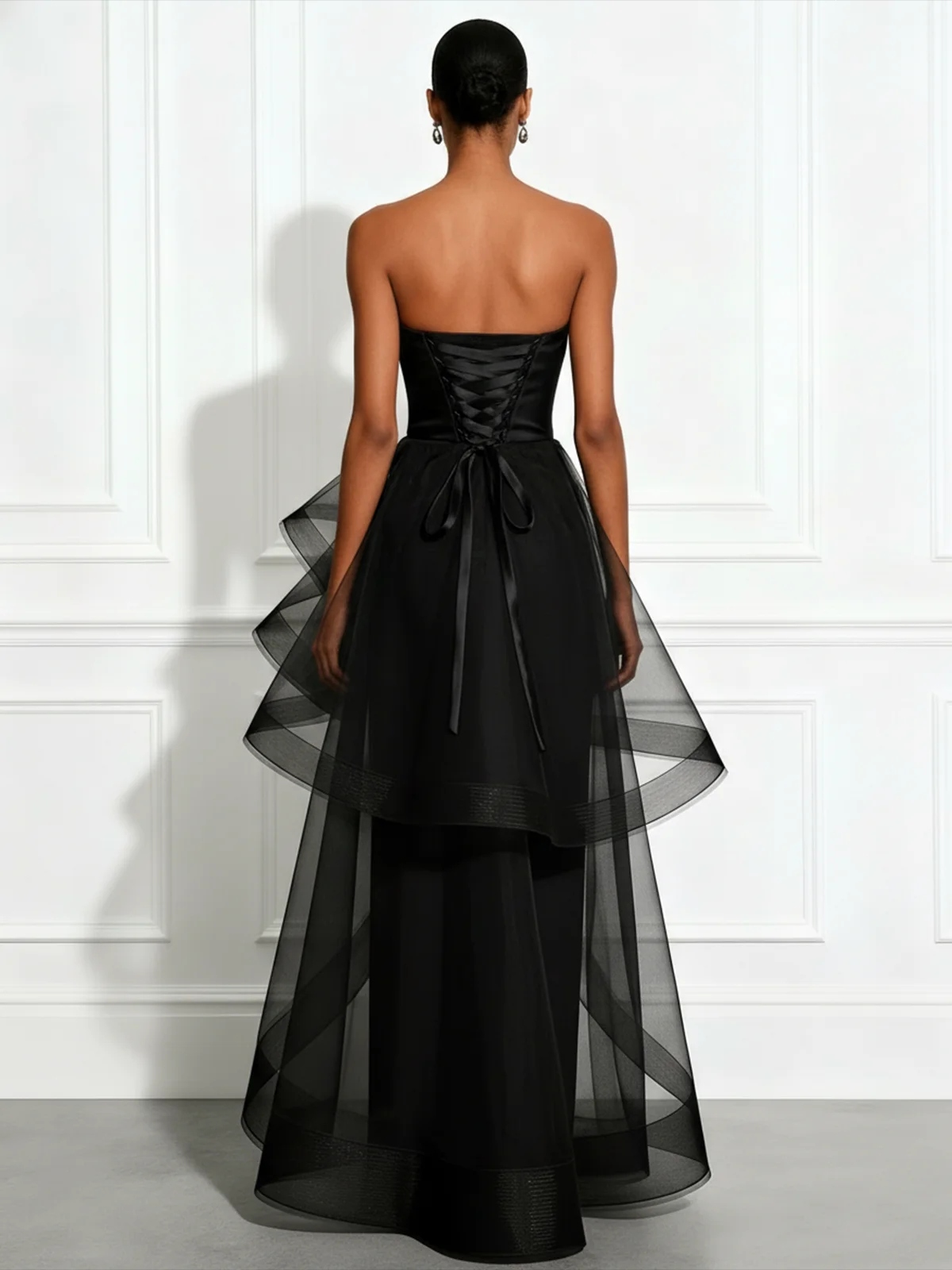 Black Mesh Ruffled Satin Strapless Sleeveless A-Line Floor-length Gown Dress