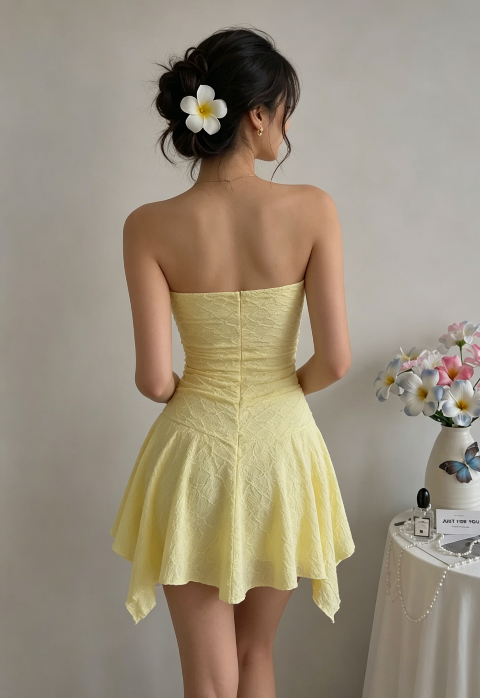 Yellow Textured Strapless Mini Dress Ruched Waist Asymmetric Flowy Skirt