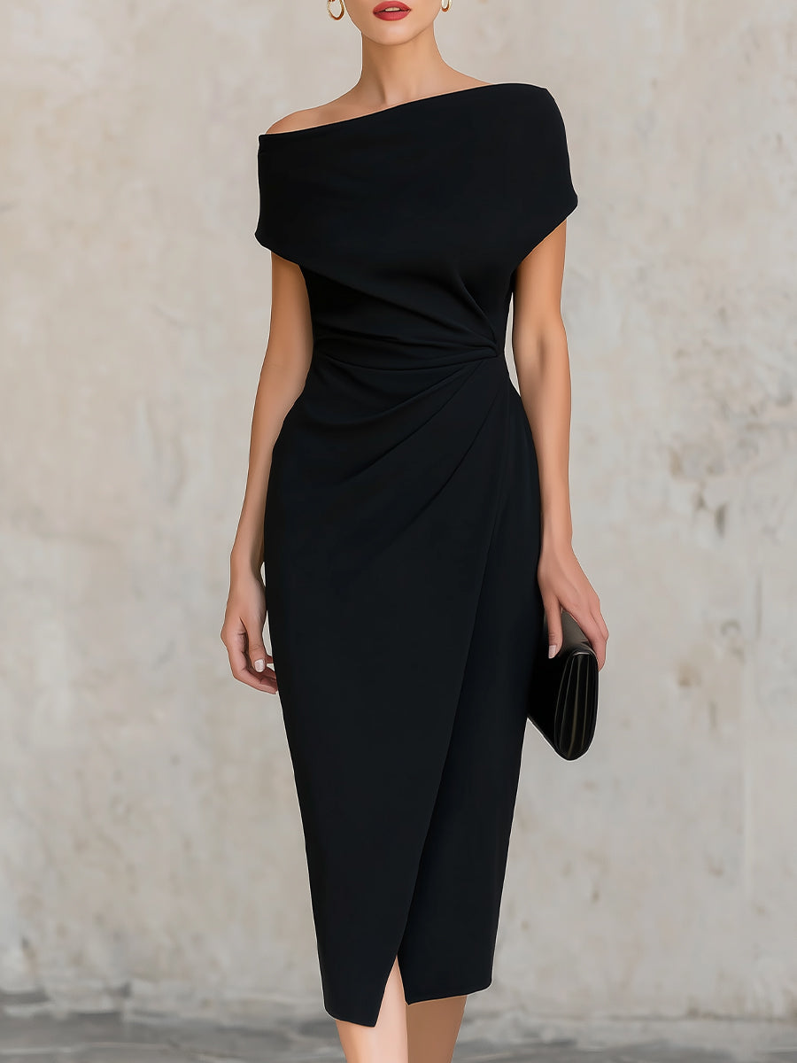 Black Minimalist Black Asymmetric One-Shoulder Midi Dress