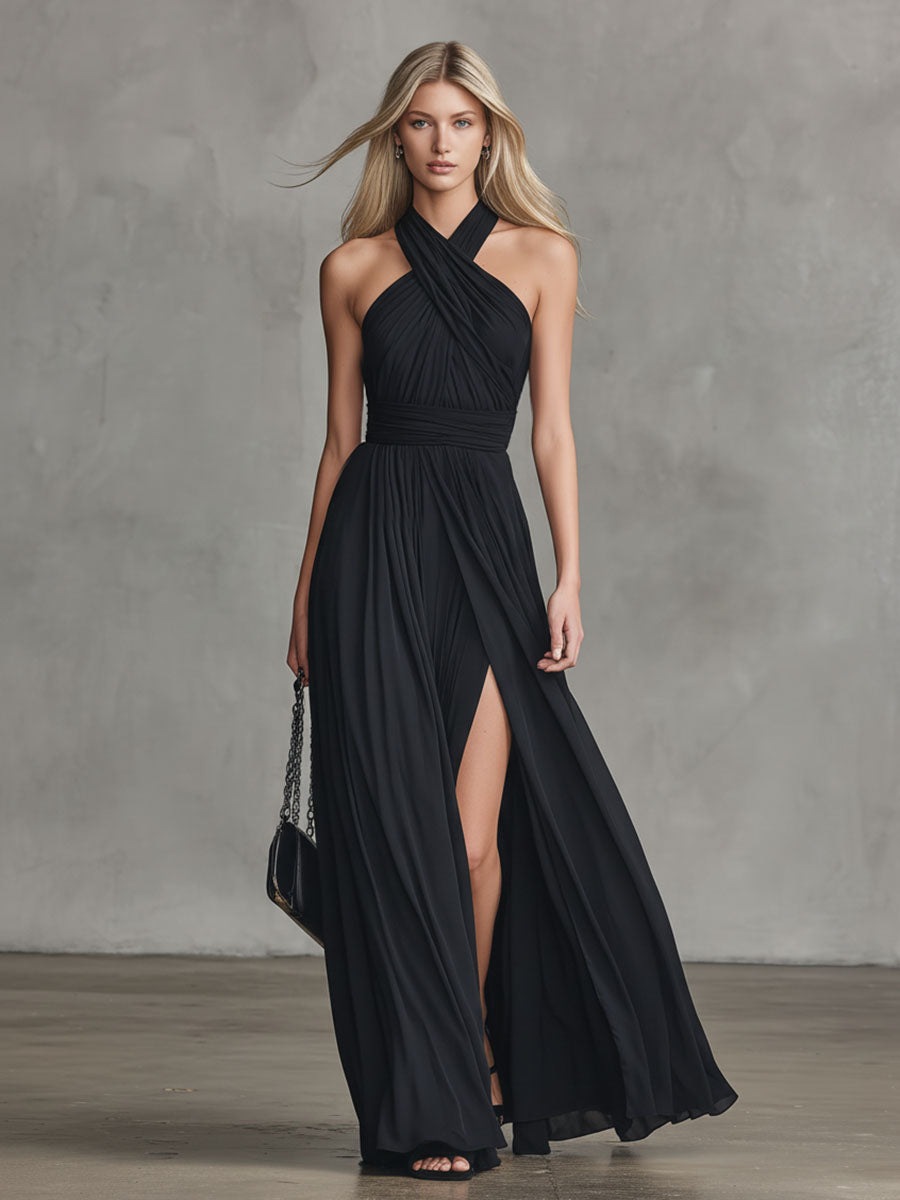 Retro-chic Elegant Cross-neck Sleeveless Slit Chiffon Maxi Dress