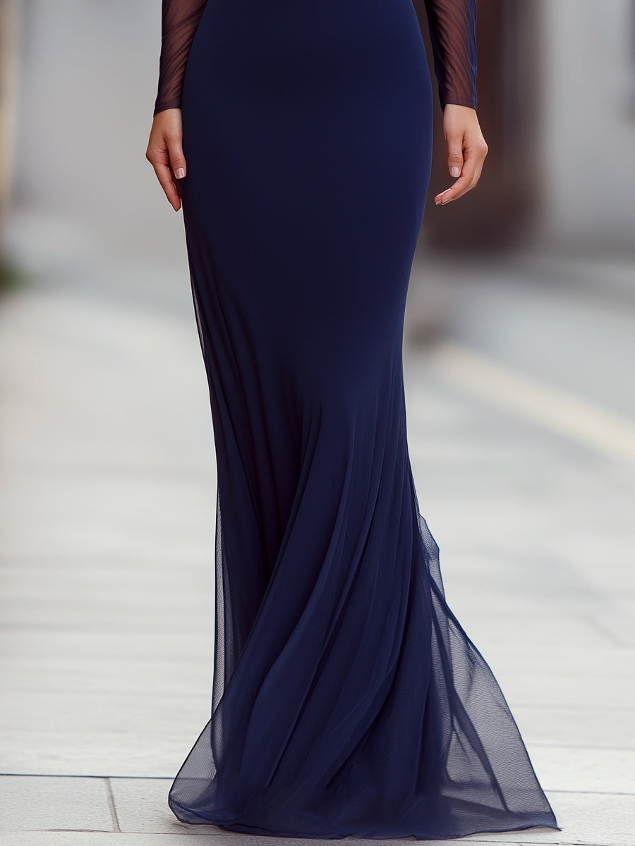 Mesh-Sleeve Mermaid Gown With V-Neck Embellishment