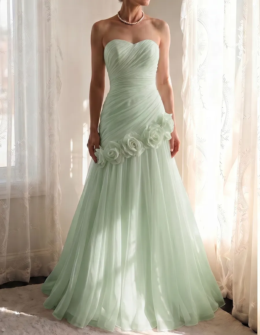 Chiffon Strapless Asymmetrical 3-Dimensional Rose Maxi Dress