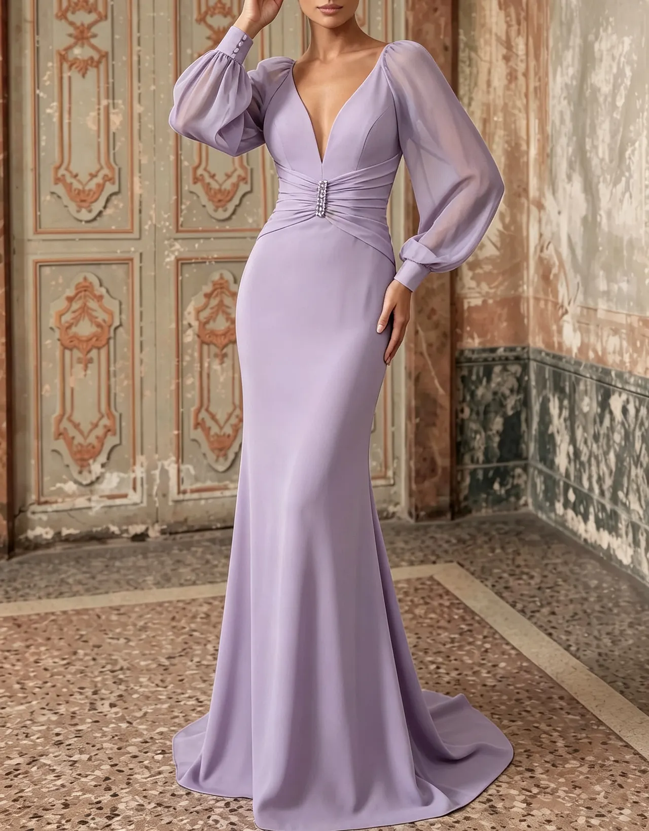 Deep V Neck Chiffon Long Puff Sleeve Waist Mermaid Evening Maxi Dress