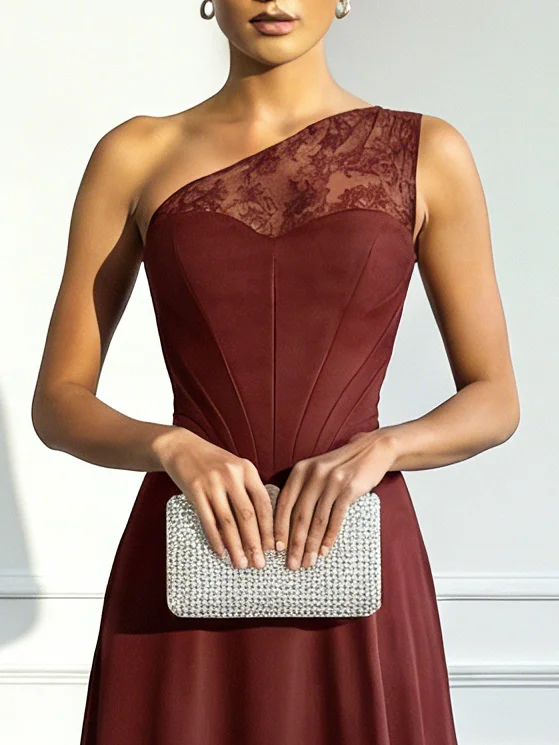 Burgundy Satin One Shoulder Sleeveless A-Line Maxi Dress