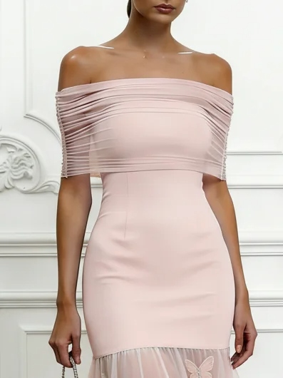 Pink Butterfly Chiffon Off The Shoulder Short Sleeve Sheath Maxi Dress