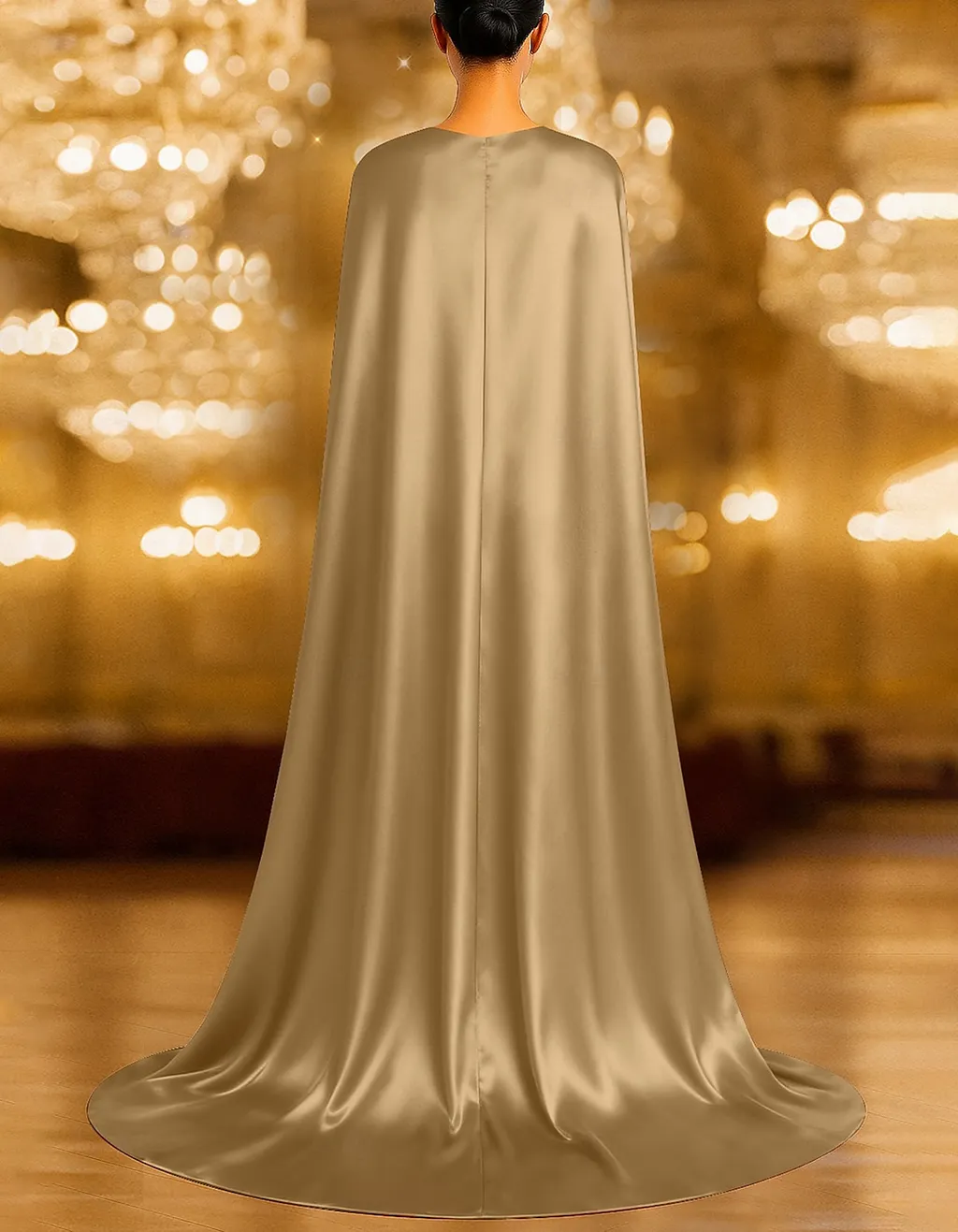Champagne Gold Twist Cape Beaded Mermaid Maxi Dress