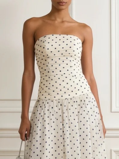 White Ruched Chiffon Strapless Sleeveless A-Line Midi Dress