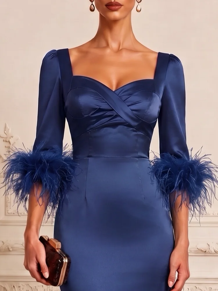 Blue Feather-trimmed Ruched Satin Square Neck Half Sleeve Sheath Midi Dress