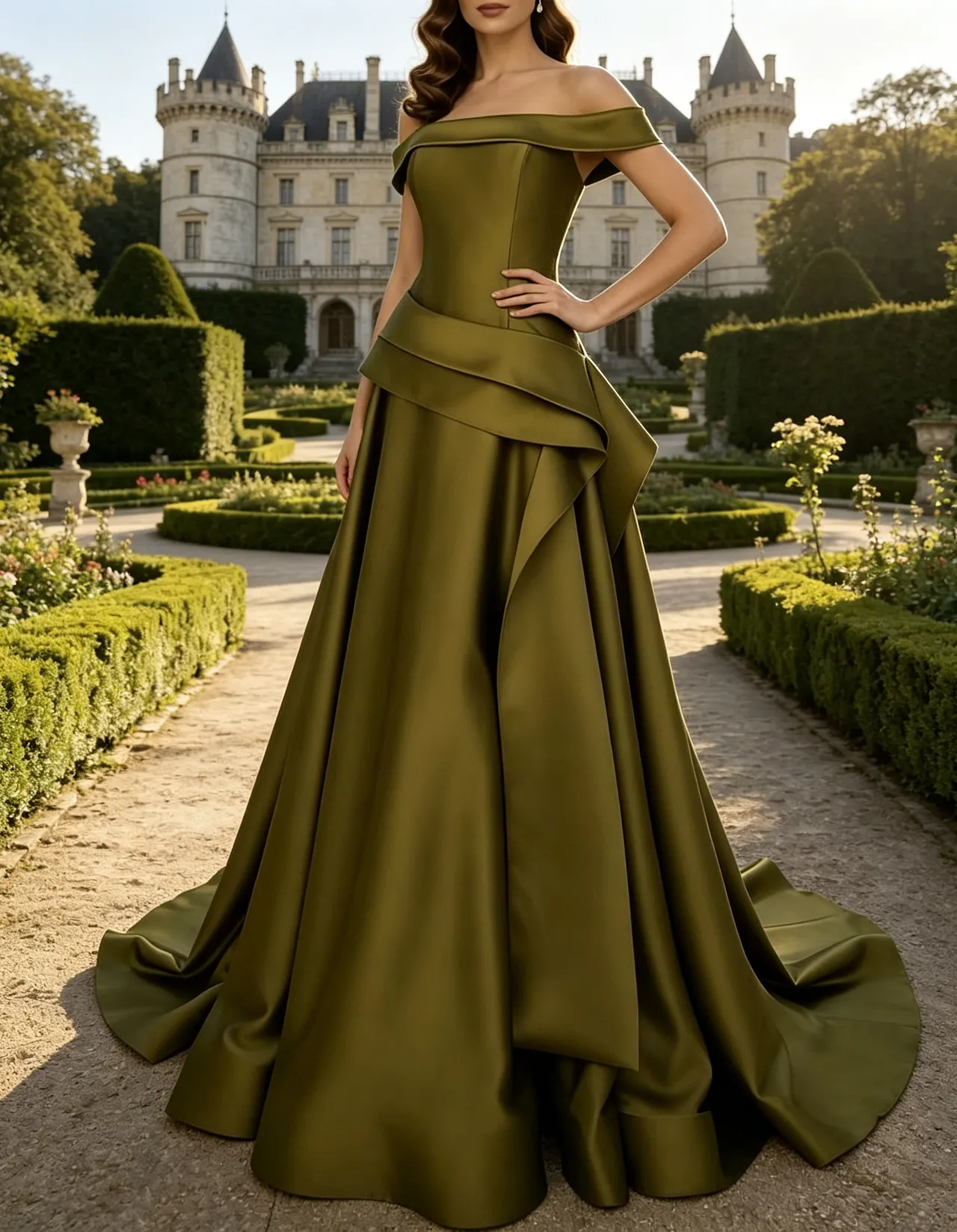 Off The Shoulder Satin Draped Ruffle Waist A-Line Maxi Dress