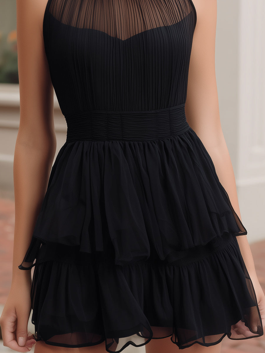 Black High-Neck Crinkled Chiffon Tiered Mini Dress