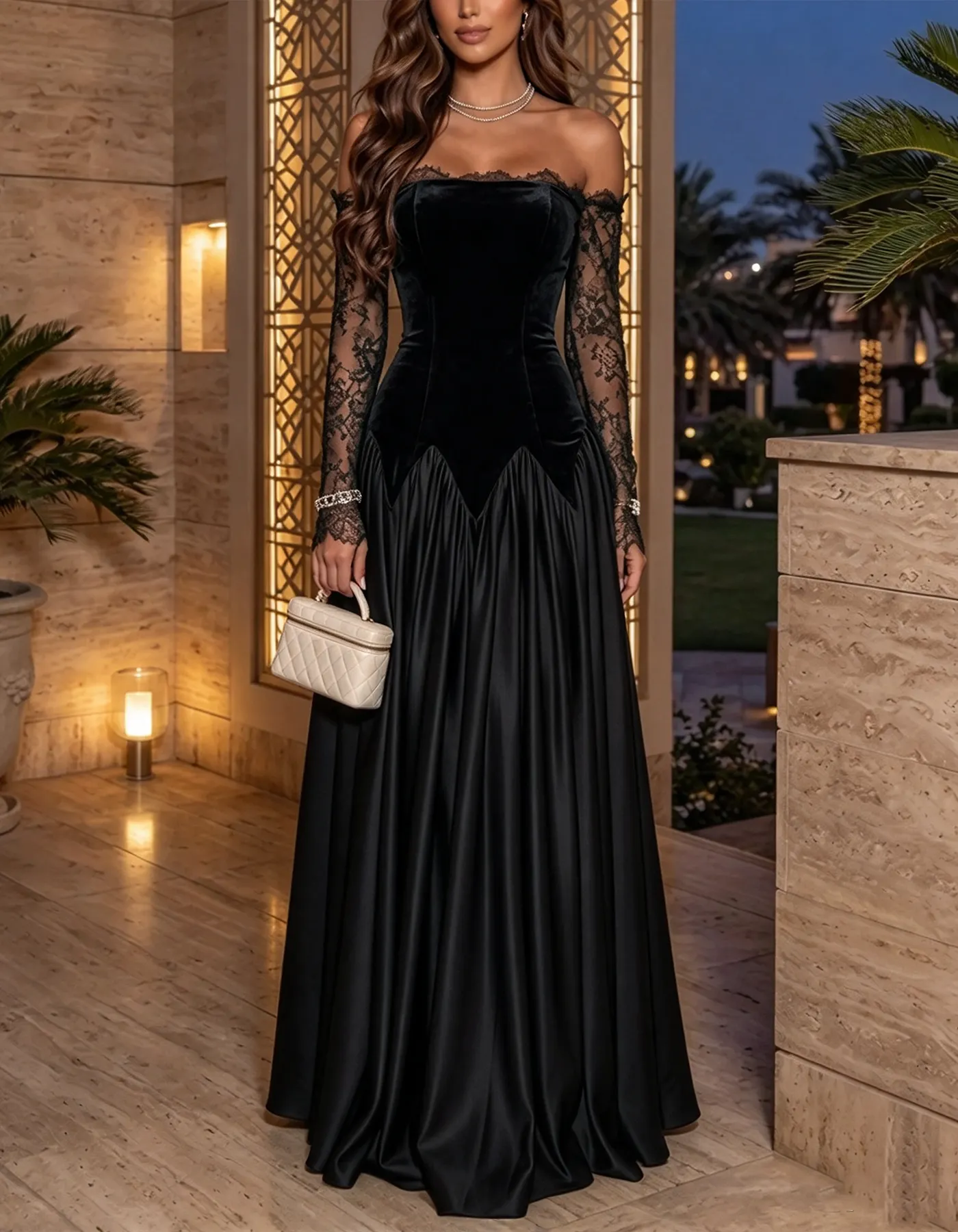 Green Off-the-Shoulder Lace Velvet & Satin Maxi Dress