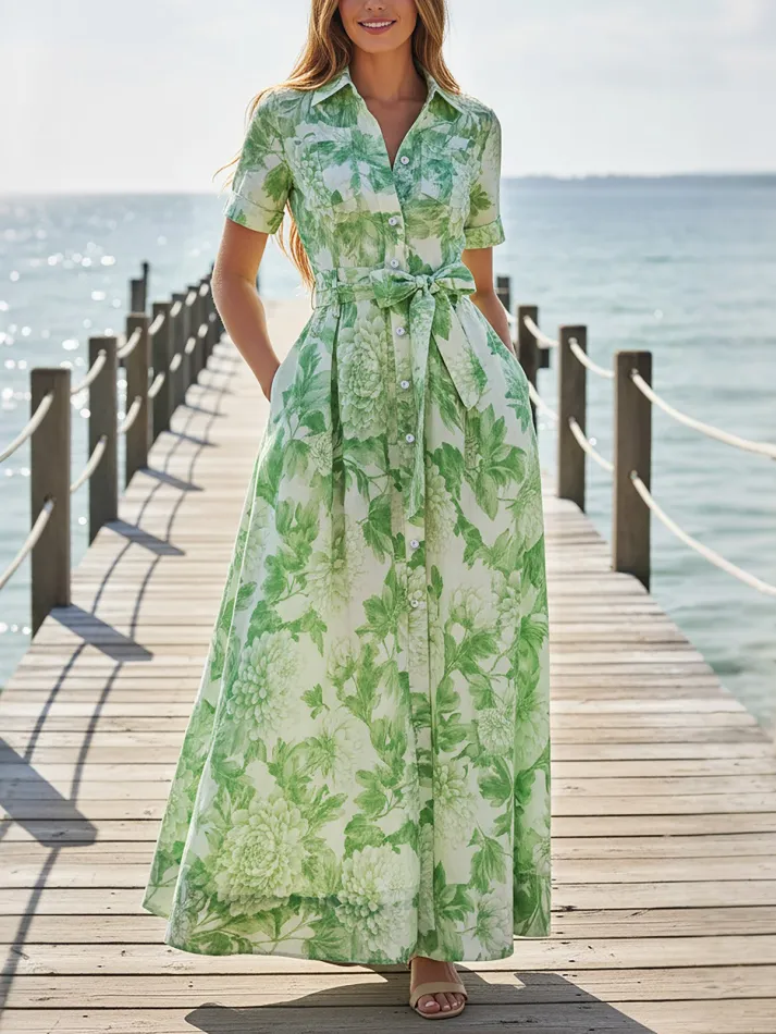 Maxi Linen Dress, Short Sleeves, Shawl Collar, Floral, Pocket Design, Vacation, Vintage, Green