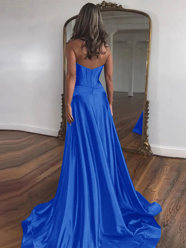 Navy Mermaid Strapless Corset Bodice Prom Dress with Slit