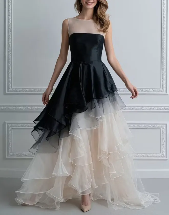 Asymmetrical Layering Of Black And Light Champagne Sleeveless Organza Fabric Maxi Dress