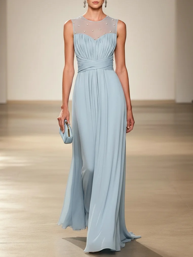 Light Blue Faux Pearl Ruched Chiffon Crew Neck Sleeveless A-Line Maxi Dress