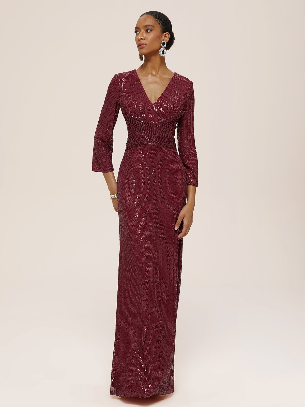 Red Ruched Sequin V Neck Three Quarter Sleeve Sheath Maxi Mother of the Bride or Groom Dress
