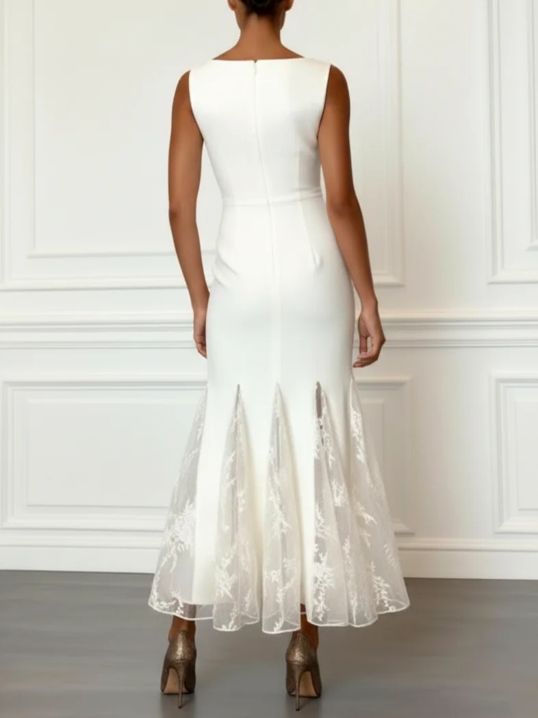 White Lace Boat Neck Sleeveless Mermaid Maxi Dress