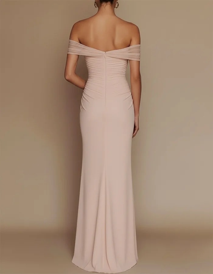  Dusty Pink One-Shoulder Mesh-Patched Pleated Mermaid Maxi Dress