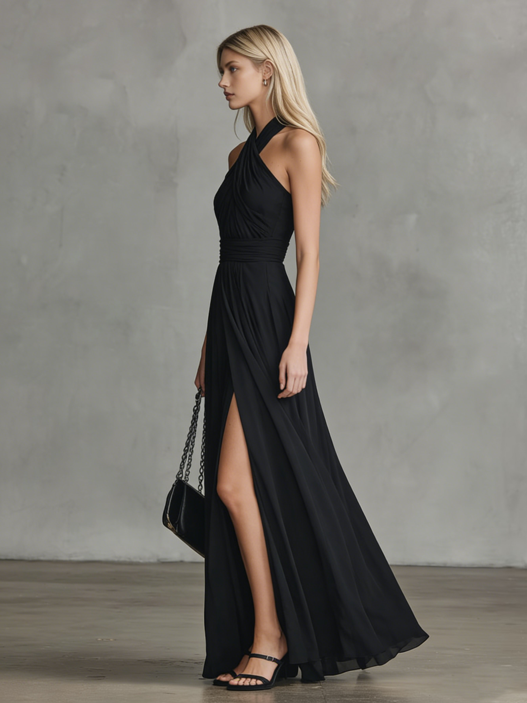 Retro-chic Elegant Cross-neck Sleeveless Slit Chiffon Maxi Dress