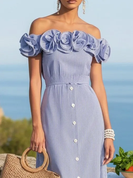 Maxi Cotton Dress, Sleeveless, Off The Shoulder, Striped, 3D Floral, Vacation, Vintage, Blue
