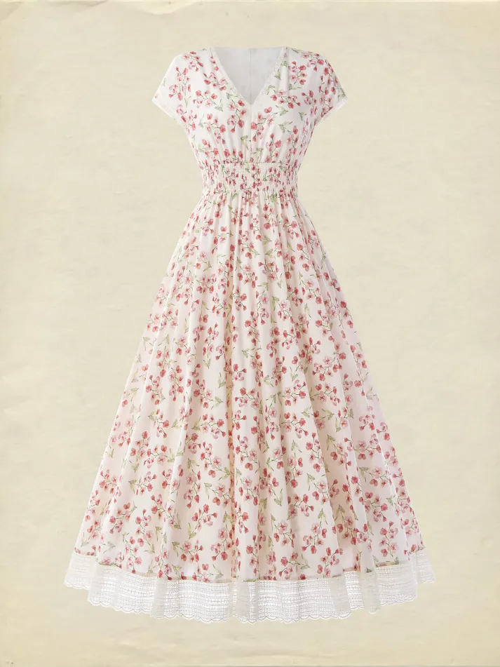 Linen Maxi Dress, Short Sleeve, Lace Collar, Floral, Vintage, White