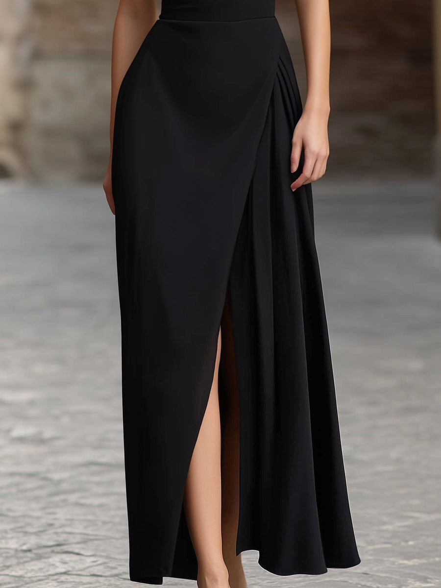 Black Cross-Halter Draped Front Slit Maxi Dress