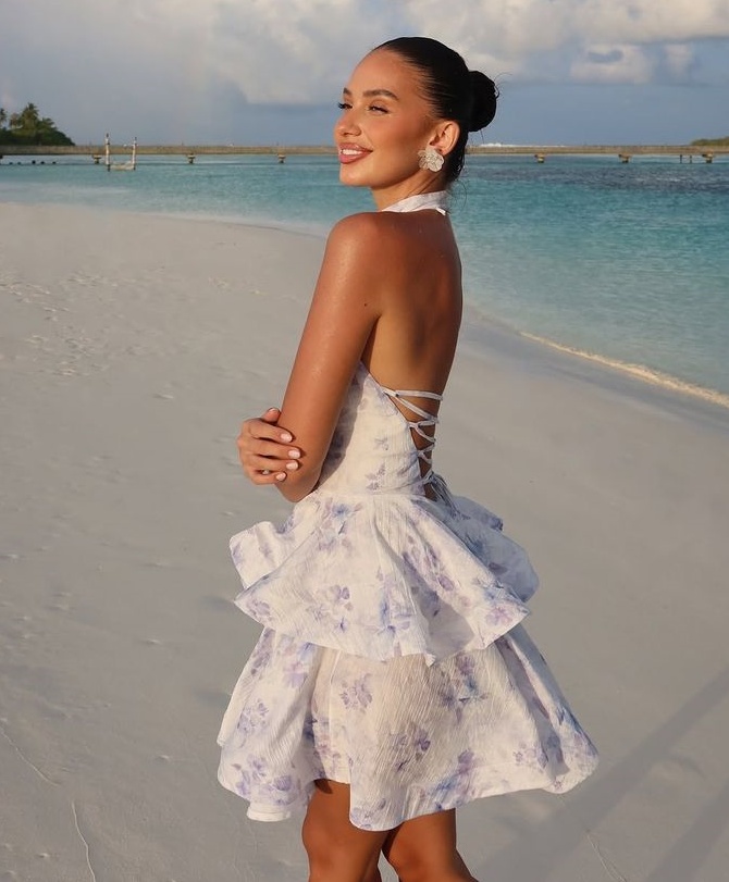 Lavender Ditsy Floral High Halter Neck Flowy Tiered Vacation Mini Dress