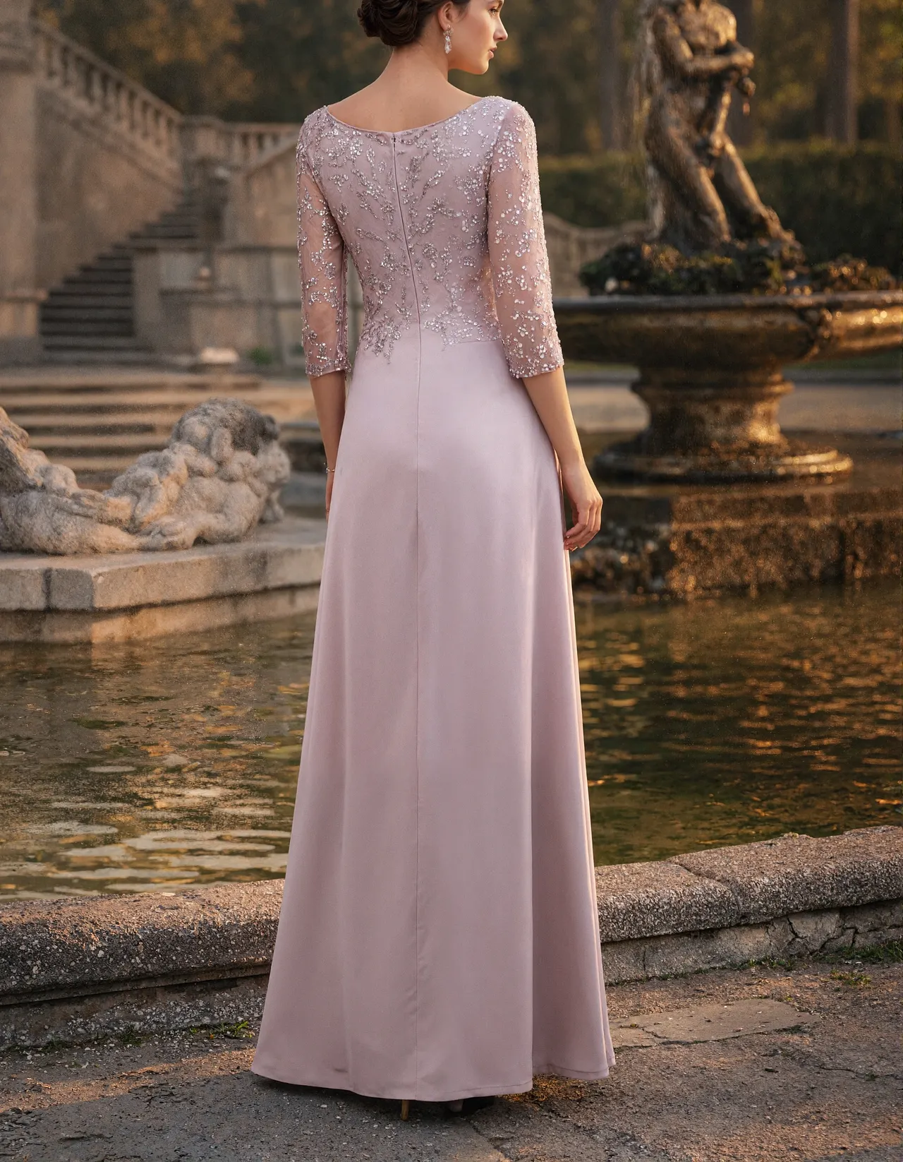 Dusty Pink Long Sleeve V-Neck With Sequins Maxi Dress