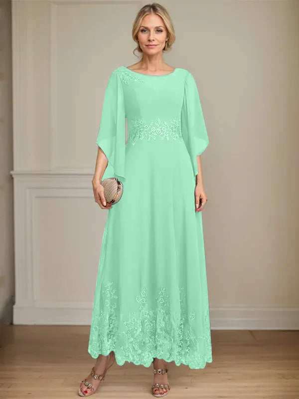 A-line Scoop Illusion Ankle-Length Lace Chiffon Mother of the Bride Dress With Sequins