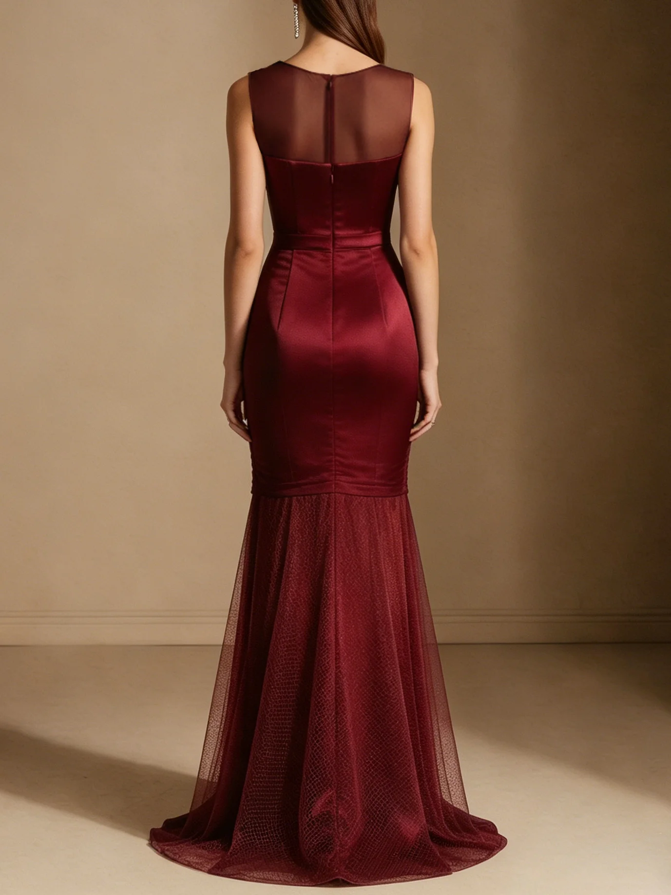 Burgundy Mesh Satin Crew Neck Sleeveless Mermaid Gown Dress