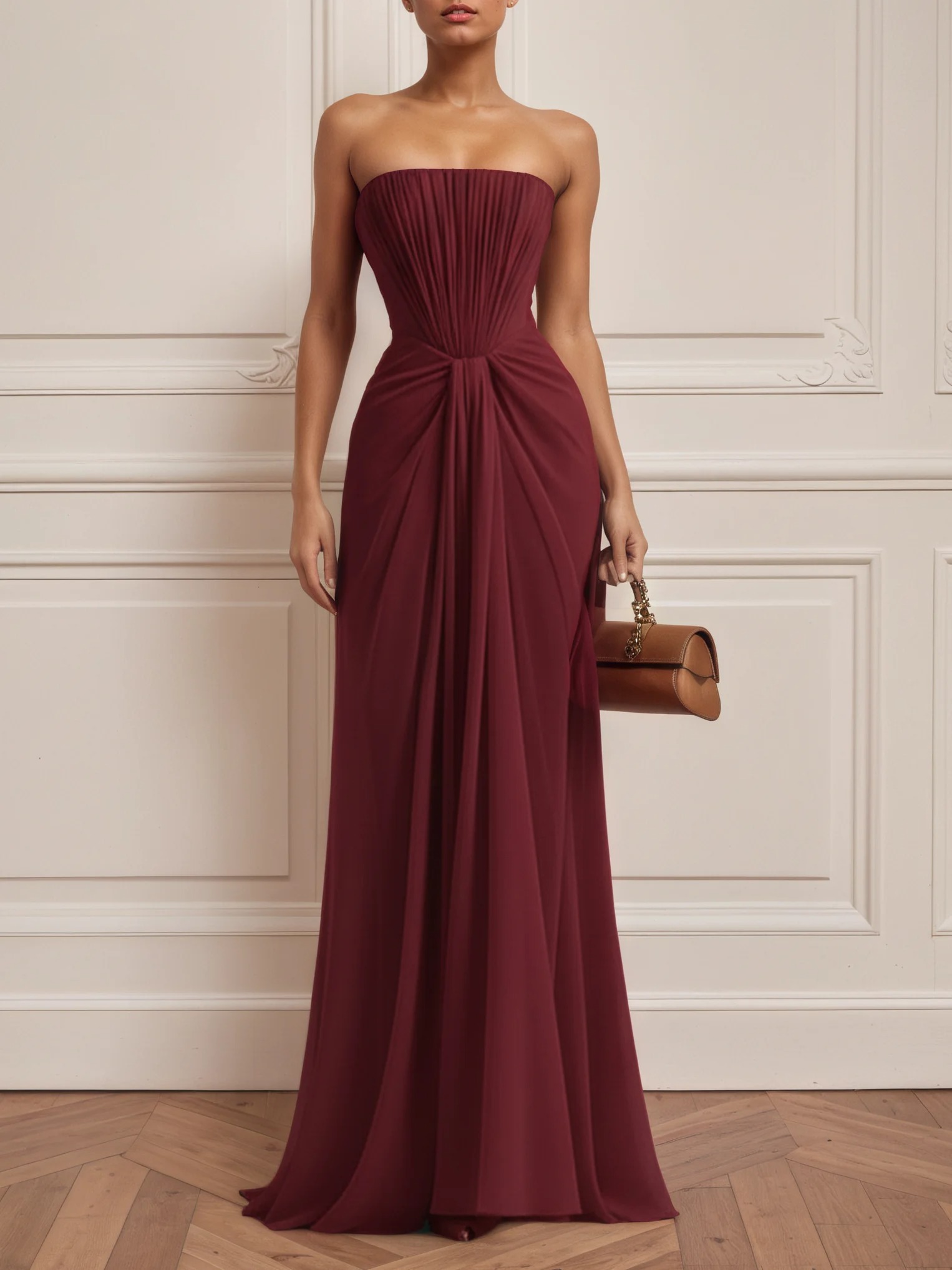 Burgundy Pleated Classic Strapless Sleeveless Sheath Gown Dress