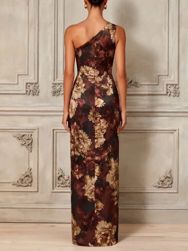 Burgundy Floral Ruched Satin One Shoulder Sleeveless Sheath Floor-length Gown Dress
