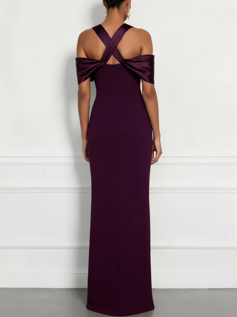Burgundy Cross Split Joint Classic Off The Shoulder Sleeveless Sheath Maxi Dress