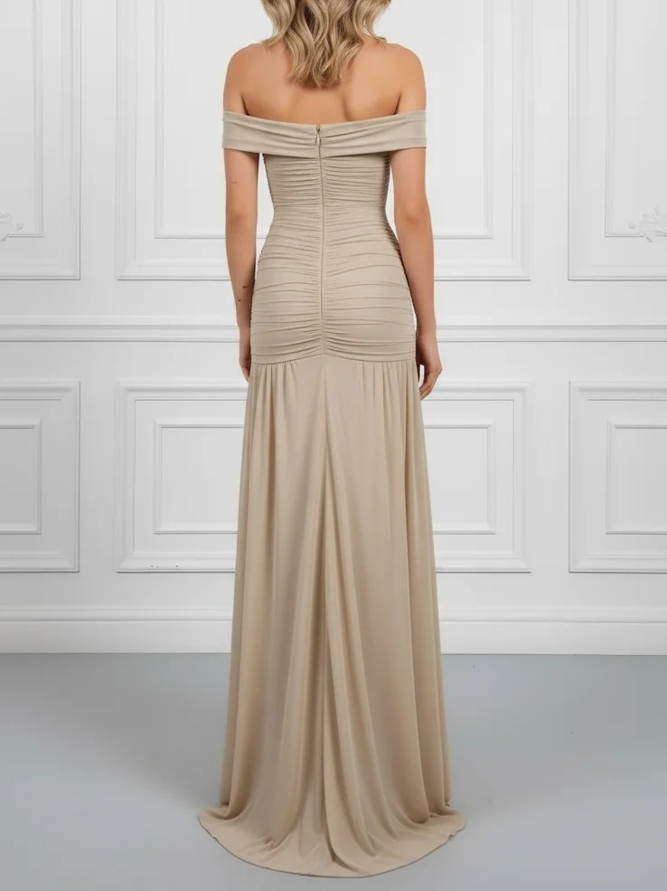 Light Khaki Ruched Knit Off The Shoulder Sleeveless A-Line Maxi Dress